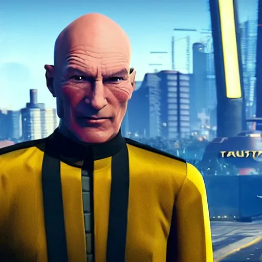 Prompt: fascist tyrant captain picard tng with huge cyberhat, in cyberpunk 2 0 7 7 cp 2 0 7 7