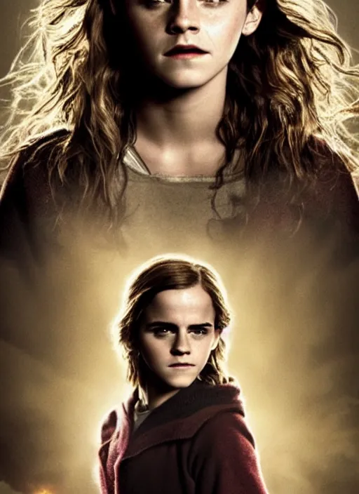 Image similar to Movie poster, Emma Watson as Hermione Granger, dark, thunderstorm, extremely detailed, award winning, 4K