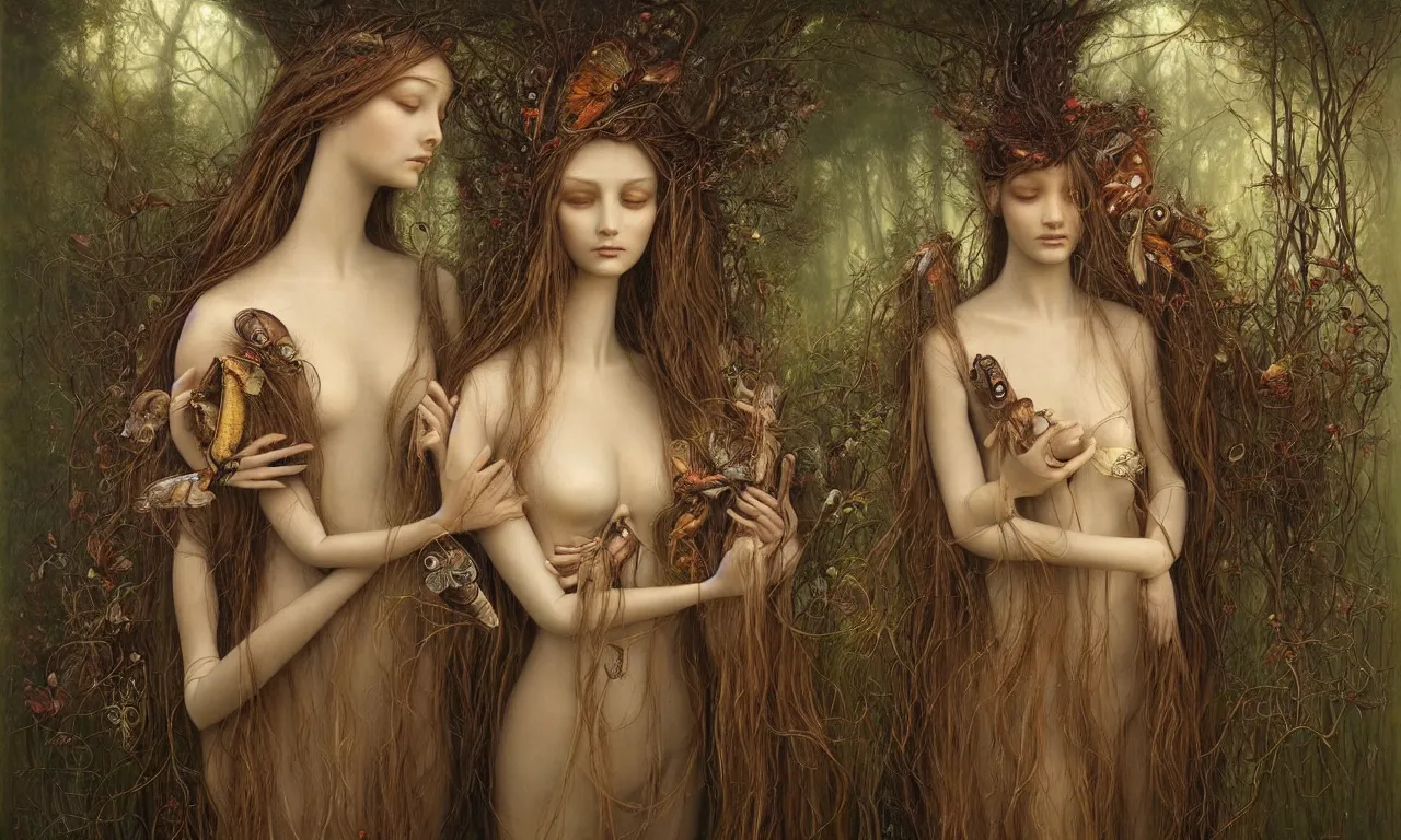 Prompt: a portrait of a beautiful female mannequin, a jointed wooden doll with long flowing hair, holding each other, big moths, big lilies, by James C. Christensen, by Tomasz Alen Kopera