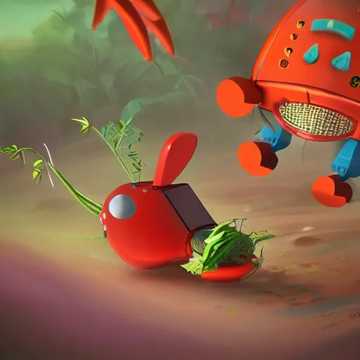 Prompt: a vegetable robot being chased by a ferocious rabbit detailed, 8 k, trending on artstation, award - winning art,