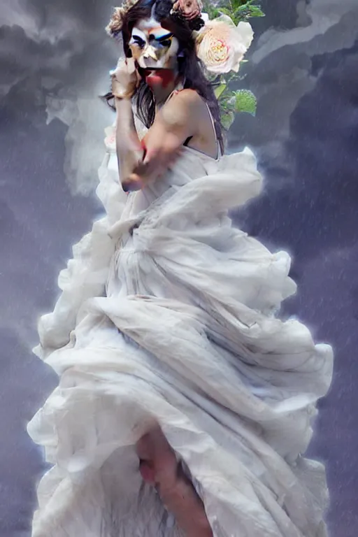 Image similar to Nina Dobrev dressed in a vaporous moving wrapped large victorian white roses organza dress fashion, D&D, fantasy, intricate, elegant, highly detailed, digital painting, artstation, concept art, matte, sharp focus, illustration, art by Artgerm and Greg Rutkowski and Alphonse Mucha