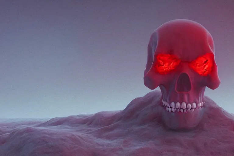 Prompt: a hd render of a hovering red skull, surreal frozen landscape, 8 k, cinematic lighting, by beeple and zdzisław beksinski