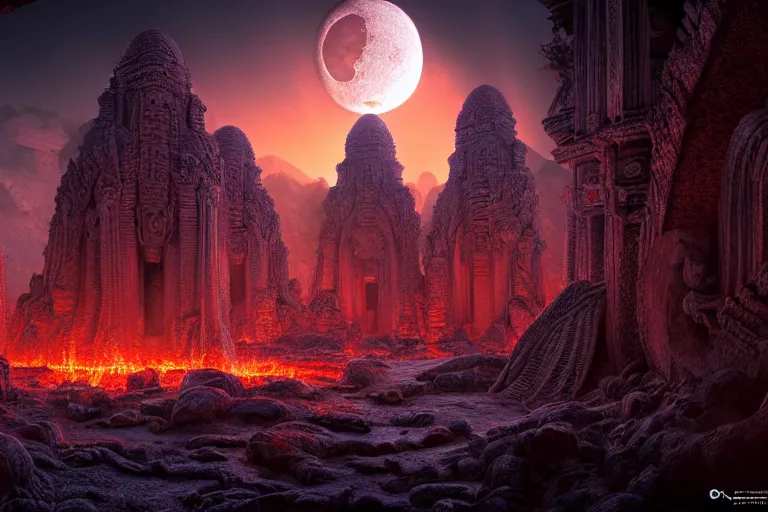 Image similar to beautiful hyperrealistic hyperdetailed epic hdr 3 d render by octane of the mysterious intricate ruins of a temple from an advanced alien starwars civilization under the crescent moon with rimlight with rivers of molten lava by alejandro burdisio and george ines, dramatic lighting