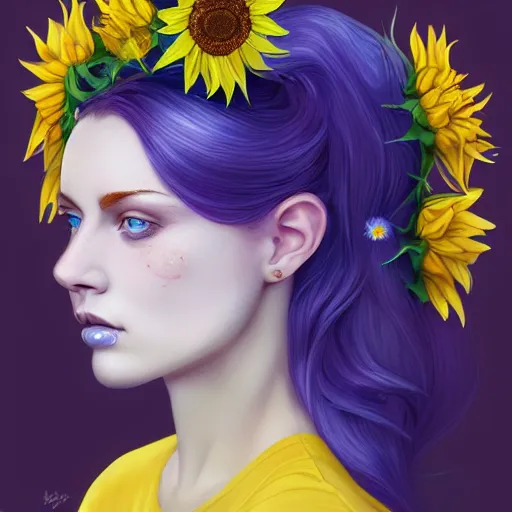 Image similar to a beautiful stunning matte digital portrait illustration of a blue-eyed woman with freckles and violet hair wearing a yellow sunflower crown, in the style of Ross Tran, trending on artstation, contest winner