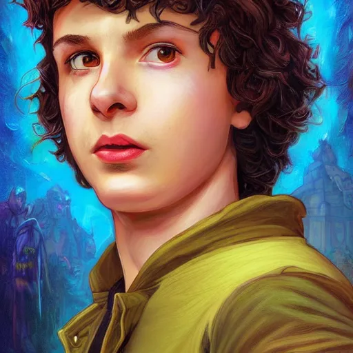 Image similar to A fantasy comic book style portrait painting of Finn Wolfhard, Stranger Things universe, real, refined, detailed digital art, Josephine wall, oil painting, William-Adolphe Bouguereau, Art Frahm, Esao Andrews, Steampunk, Walt Disney (1937) ), Highly Detailed, Cinematic Lighting, Unreal Engine, 8k, HD