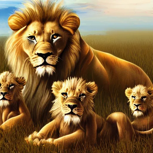 Prompt: concept art of robotic lion with baby lions in a field, hyper realistic, detailed, vibrant color, digital art,