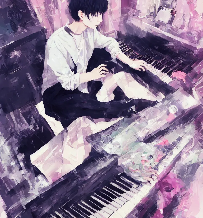 Prompt: YOONGI from bangtan sonyeondan: playing piano+ ROSSDRAWS+ CGSOCIETY+JAMES JEAN+WLOP