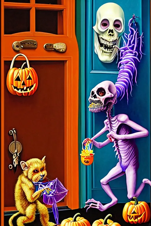 Prompt: a hyperrealistic painting of trick or treaters knocking on door and scary chimeric creature answers with bowl of candy, cinematic horror by jimmy alonzo, the art of skinner, chris cunningham, lisa frank, richard corben, highly detailed, vivid color,