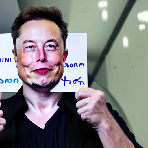 Prompt: a medium shot photograph of elon musk holding a sign with one word SOON SOON SOON SOON' on it, 4k, ultra HD