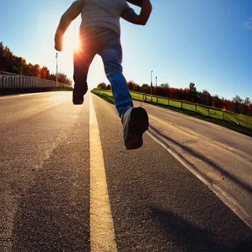 Image similar to large trucker running towards the camera with his arms out, sunny day, fisheye lens