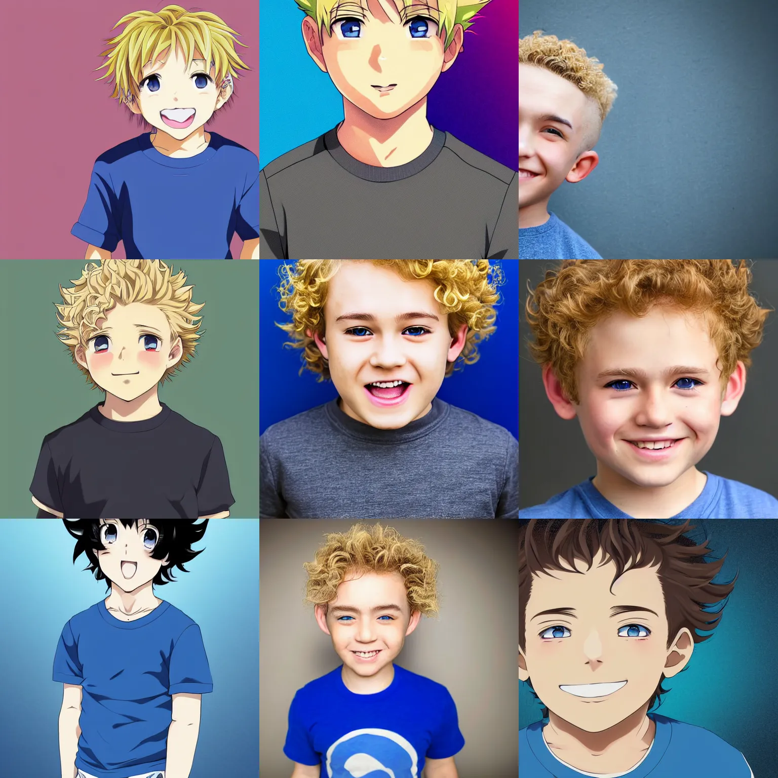 Prompt: A medium shot anime portrait of a young smiling anime boy child with extremely short curly wavy blonde hair and blue eyes, buzzed sides, blue-eyed, chubby face, very young, little boy, medium shot portrait, curly and short top hair, curls on top, his whole head fits in the frame, solid color background, flat anime style shading, head shot, 2d digital anime drawing by Stanley Artgerm Lau, WLOP, Rossdraws, James Jean, Andrei Riabovitchev, Marc Simonetti, and Sakimi chan, trending on artstation