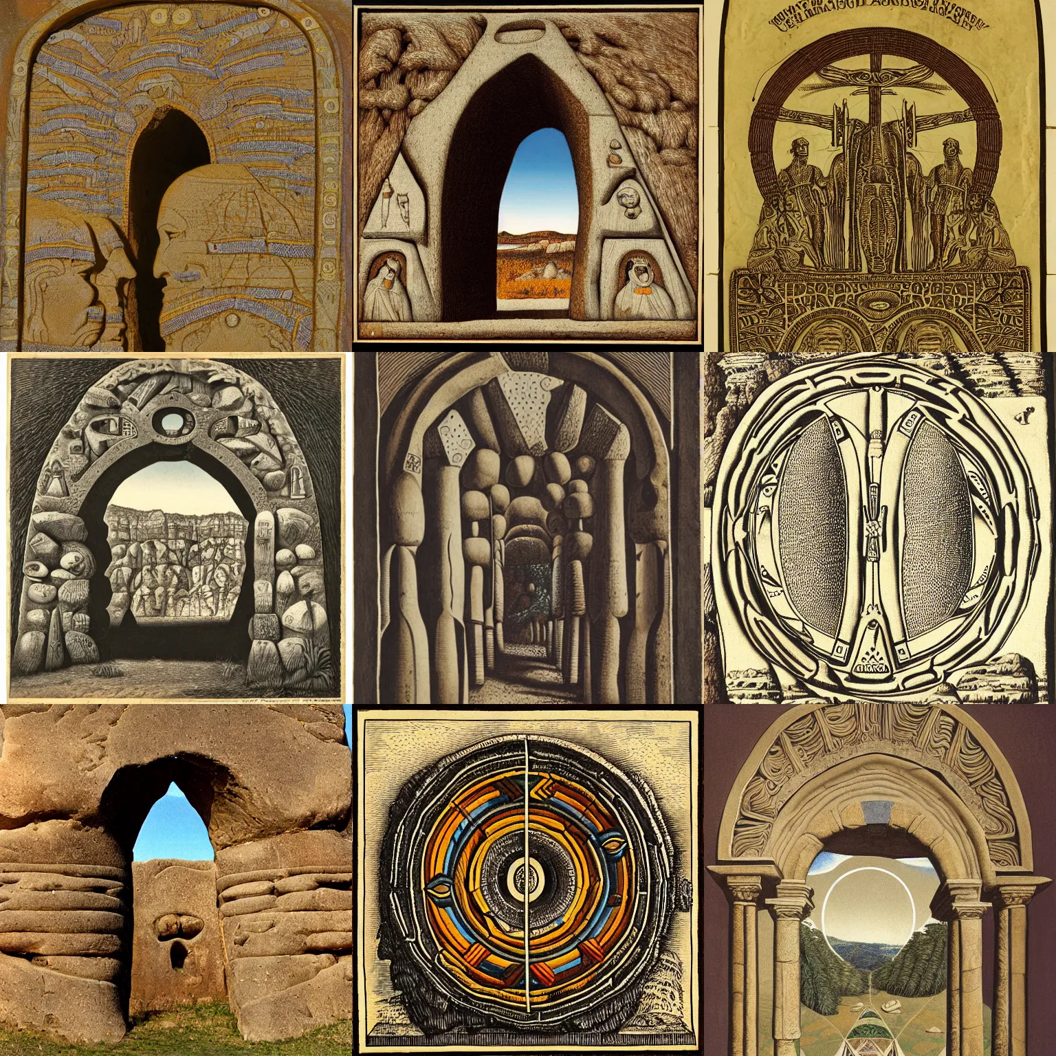 Prompt: a spiritual selknam stone arch, engraving by gustav dure, aboriginal, symmetrically centered, close shot