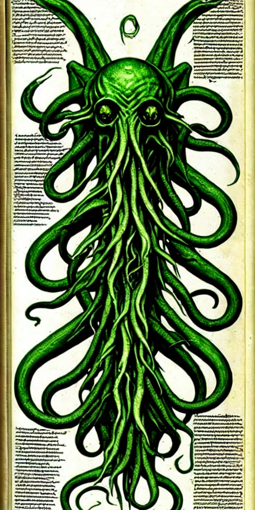 Image similar to cthulhu cross section scientific illustration biology book, highly detailed, style of illuminated manuscript codex