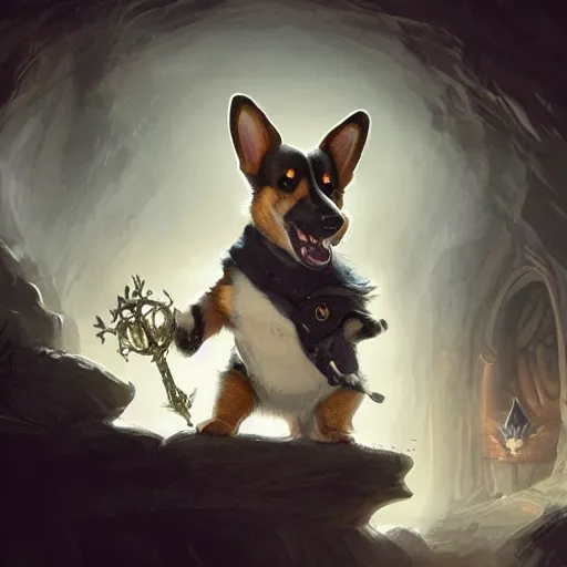 Prompt: corgi puppy thaumaturgist casting a magical spell in a dark cavern, d & d character art, highly detailed digital illustration, greg rutkowski, artgerm, trending on artstation, 8 k