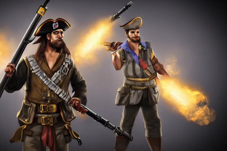 Image similar to masculine man with a pirate hat holds a bazooka, game character design