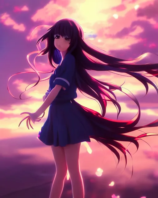 Image similar to anime style, vivid, expressive, full body, 4 k, painting, a cute magical girl with a long wavy black hair, stunning, realistic light and shadow effects, centered, simple background, studio ghibly makoto shinkai yuji yamaguchi