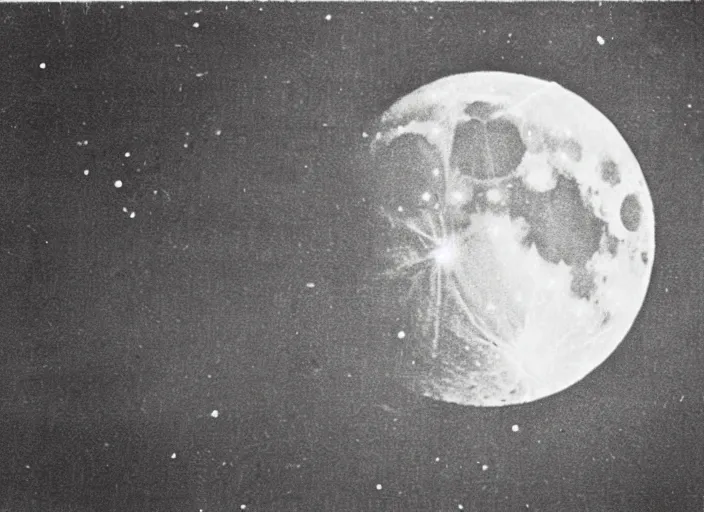 Image similar to vintage photo still of the moon!!!! exploding!!!! exploding moon moon explosion fragments on one side moon explosion over new york city in the 1 9 2 0 s, black and white, weathered, edge vignette