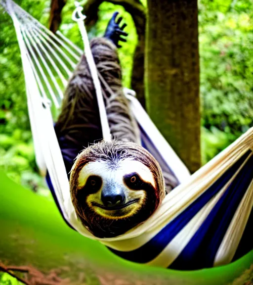 Prompt: a photograph of a sloth resting in a hammock in his garden, nature photography, sharp focus, long focal length