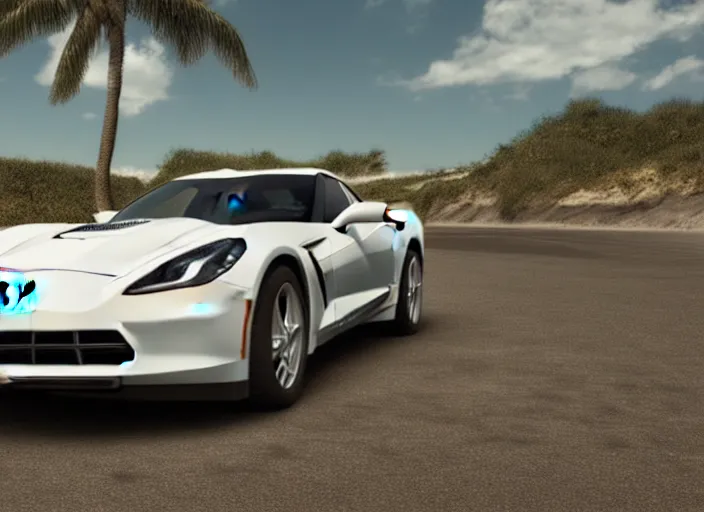 Image similar to hyperrealism, detailed textures, photorealistic 3 d render, a dreamy beach in cuba, a photo realistic 1 9 9 9 corvette stingray with a blazing pearl white colour scheme, mickey thompson tires, centrerline rims, sharp focus, ultra realistic, ultra high pixel detail, cinematic, intricate, cinematic light, concept art, illustration, art station, unreal engine 8 k