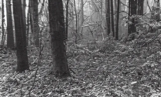 Image similar to corpse looking at camera in forest at night, 70s photo, out of focus, motion blur, cctv footage, horror movie, horror lighting, blair witch project, old photo