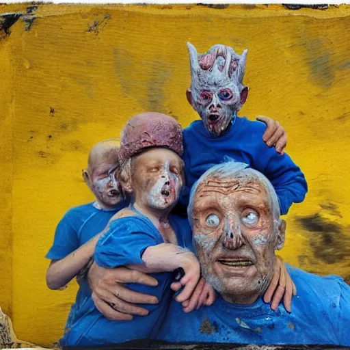 Image similar to selfie of the last surviving ukrainian with children with evil faces, wild pain and damage to the body burns alive to the bone, painted in dirty yellow - blue colors, a huge nuclear explosion is approaching in the background, a very detailed photo