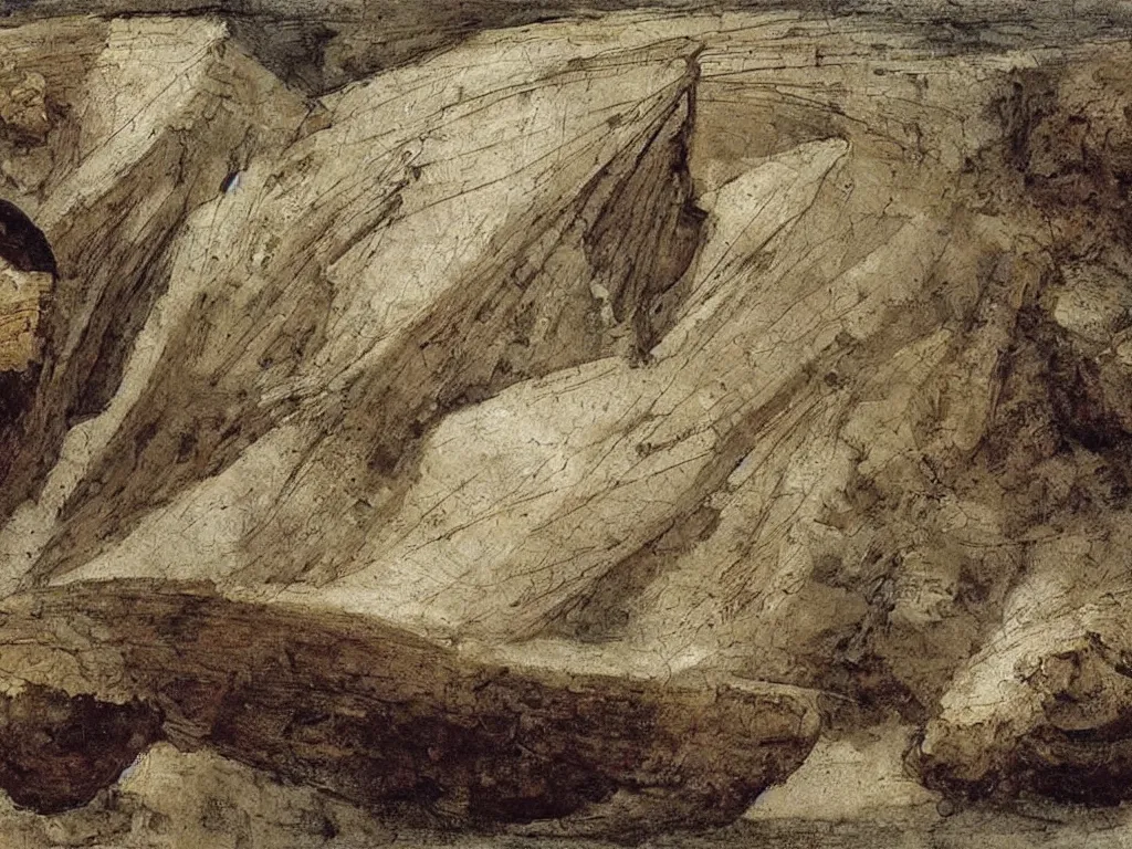 Image similar to dream bot mothership crashed into the icy mountains, wind sculpted boulder. painting by leonardo da vinci