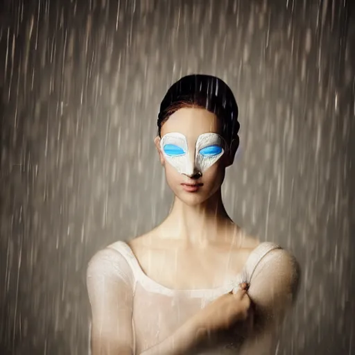 Image similar to portrait of a ballerina with a beautiful porcelain face dressed in a venecian mask, rain, cinematic light and reflections, beautiful dreamy lighting, photographed by annie leibovitz, zbrush,