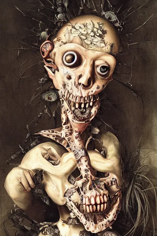 Image similar to Detailed maximalist portrait with large lips and with large eyes, sad exasperated expression, bones, HD mixed media, 3D collage, highly detailed and intricate illustration in the style of Caravaggio, dark art, baroque