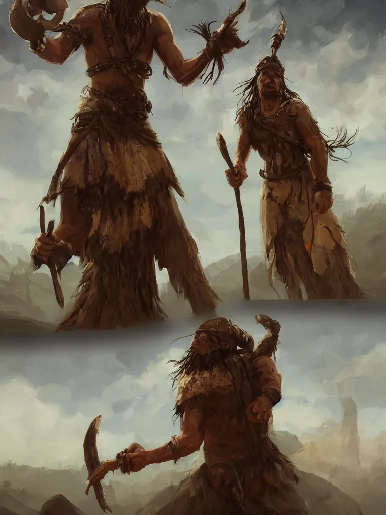 Prompt: Realistic Neolithic era shaman wearing Virtual Reality HTC vive, artstation, full body character concept art, digital painting by Dave Rapoza and Frank Frazetta, artstation