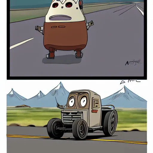 Image similar to a study of cell shaded cartoon of a grey robot st. bernard from howl's moving castle ( 2 0 0 4 ) on a desert road, full body, wide shot, very muted colors, post grunge, studio ghibli, laurie greasley, highly detailed, deviantart, art by artgem