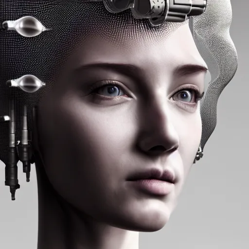 Image similar to closeup portrait of an absurdly beautiful, graceful, sophisticated, fashionable cyberpunk mechanoid gravure idol, an ultrafine hyperdetailed illustration by irakli nadar, matt wisniewski style, fashion photography, intricate linework, porcelain skin, jellyfish headdress, unreal engine 5 highly rendered, global illumination, radiant light, detailed and intricate environment