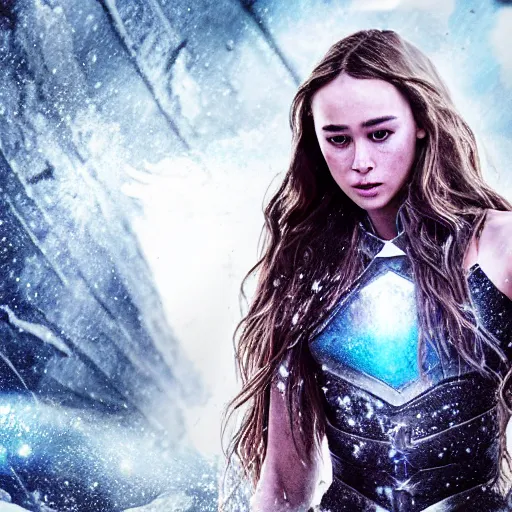 Image similar to alycia debnam carey as a cryomancer with ice aura, concept art, enchantress poses, snow flurry, Ray tracing reflection