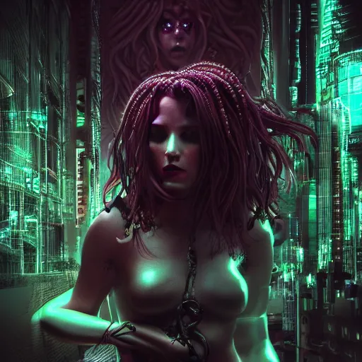 Image similar to Cyberpunk medusa, dark atmosphere, cinematic shot, intricate, ornate, photorealistic, ultra detailed, realistic, 35mm, photography, neon, octane, high definition, depth of field, bokeh, 8k, artstation