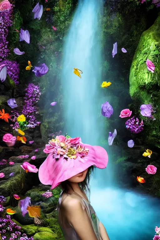 Prompt: girl in flower hat, flower dress, roses, lilies, waterfall cave, water drops, overhead light, japanese carp, 4 k, 8 k