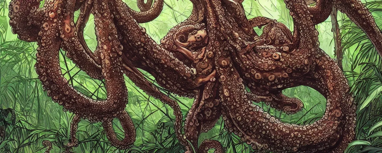 Prompt: A large octopus-like creature swinging between trees in a jungle, intricate, elegant, highly detailed, smooth, sharp focus, detailed face, high contrast, dramatic lighting, graphic novel, art by Ardian Syaf and Pepe Larraz,