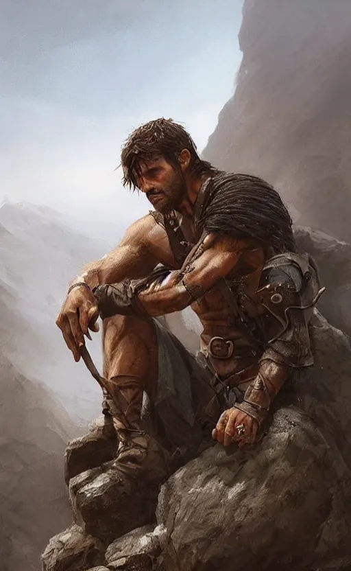 Prompt: Portrait of a rugged ranger sitting down on a rock by a fire, male, muscular, straight nose!!!, detailed face, handsome face, bare thighs!!!, simple clothing!!!!!, fantasy, medieval, highly detailed, cinematic lighting, digital art painting by greg rutkowski