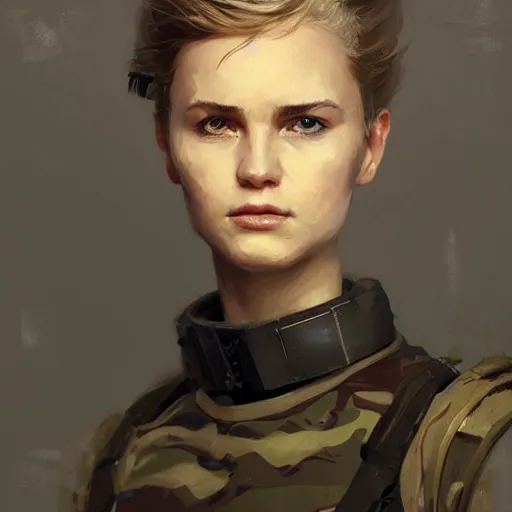 Image similar to Portrait of a woman by Greg Rutkowski, she is about 20 years old, athletic tomboy, attractive, military composure, short blonde hair, russian, she is wearing futuristic military fatigues, highly detailed portrait, digital painting, artstation, concept art, smooth, sharp foccus ilustration, Artstation HQ.