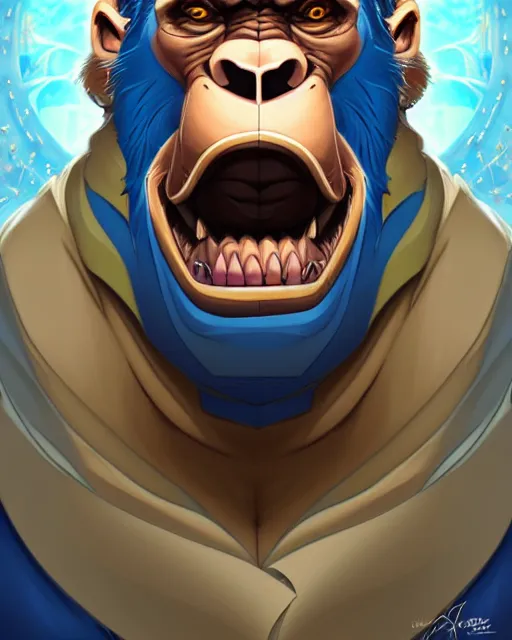 Image similar to don bluth, loish, artgerm, joshua middleton, steampunk, clockpunk anthropomorphic gorilla, full blue suit, smiling, symmetrical eyes symmetrical face, colorful animation forest background