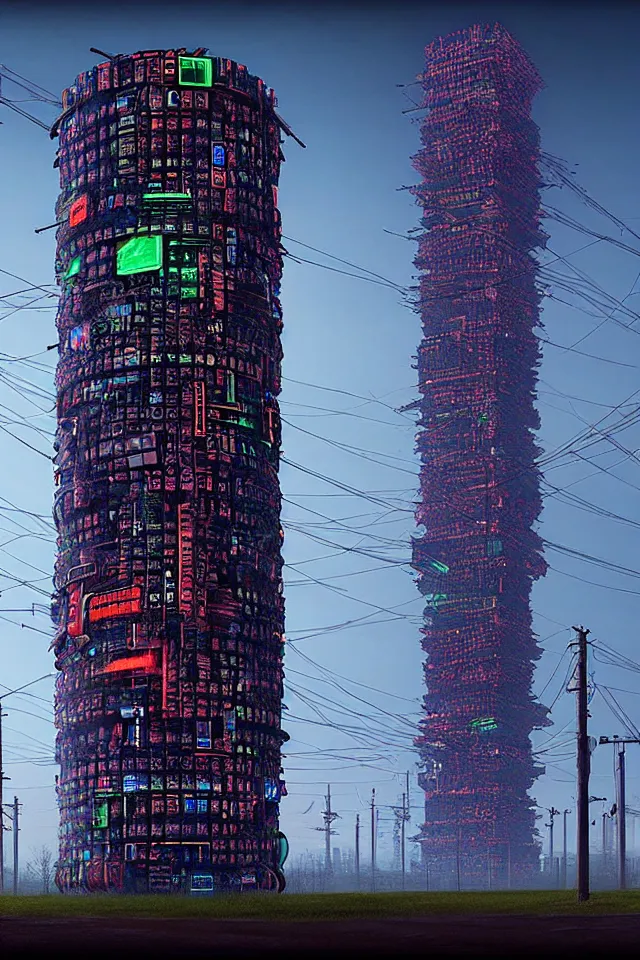 Prompt: cyberpunk tower made out of billions of stacked computer screens by simon stalenhag