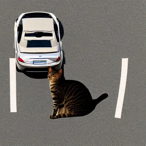 Image similar to cat sitting in driver seat of a cabriolet, golden hour, top view, car chase, golden ratio