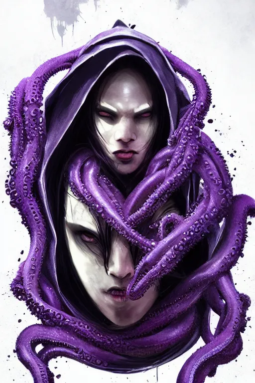 Image similar to A full body portrait of a mysterious character with no face with a very long hooded dark purple cloak tentacles coming out the ground art by Maciej Kuciara and Jason Chan, ominous, cosmic horror, trending on artstation, Ultra detailed, hyper realistic 4k