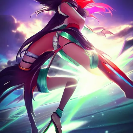 Image similar to Akali from league of legends anime, digital art, beautiful composition, amazing colours, atmospheric, lens flares, sun rays, award winning