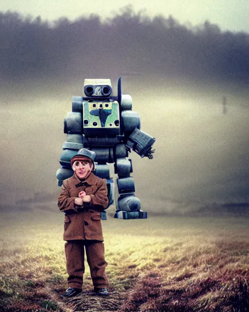 Image similar to giant oversized chubby bulky armored train pug dog robot mech, with big pug head , rocket launcher , on a village , Cinematic focus, fujicolor photo, vintage, neutral colors, soft lights, foggy, panorama by by Serov Valentin, by lisa yuskavage, by Andrei Tarkovsky