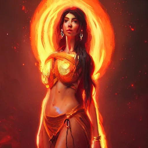 Image similar to a beautiful portrait of a fire goddess, flaming background, a detailed painting by greg rutkowski and raymond swanland, featured on cgsociety, fantasy art, detailed painting, artstation hd, photorealistic