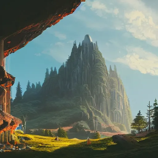 Image similar to futuristic temple carved into a mountain side, big green trees, colorful clouds, dramatic lighting, artstation, matte painting, raphael lacoste, simon stalenhag, frank lloyd wright