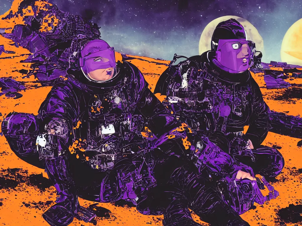 Image similar to portrait of an overweight depressed teenager with emo haircut wearing gothy purple and black spandex suit, sitting next to smashed burning spacecraft wreckage, on the orange surface of mars, highly detailed, dramatic lighting, photorealistic, cinematic