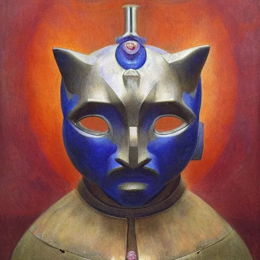 Image similar to masterpiece painting of a robot cat head mask, by annie swynnerton and diego rivera and nicholas roerich and jean delville, symbolist, dramatic lighting, god rays, elaborate geometric ornament, art brut, rich colors, smooth, sharp focus, extremely detailed, adolf wolfli and ( donato giancola )