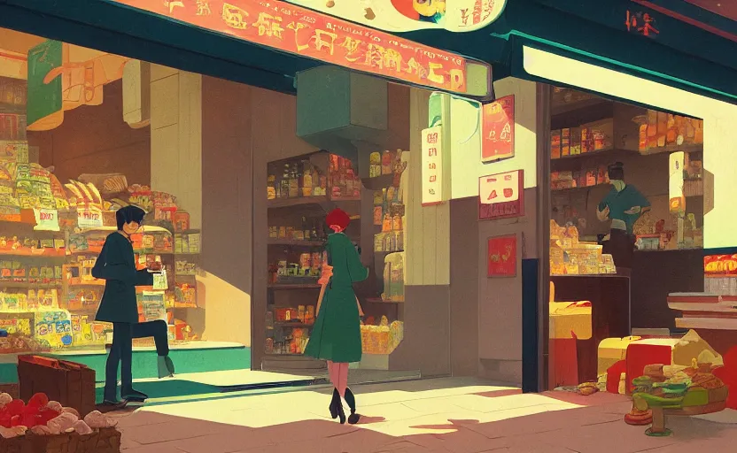 Image similar to an asian convenience store mythical magical scene illustration by atey ghailan and escher and edward hopper