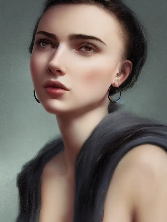 Prompt: beautiful russian girl with short dark hair and septum piercing, thin round earrings, winds of winter, au naturel, hyper detailed, digital art, trending in artstation, cinematic lighting, studio quality, smooth render, octane rendered, concept art, sharp focus, illustration, art by artgerm and greg rutkowski and wlop and krenz cushart