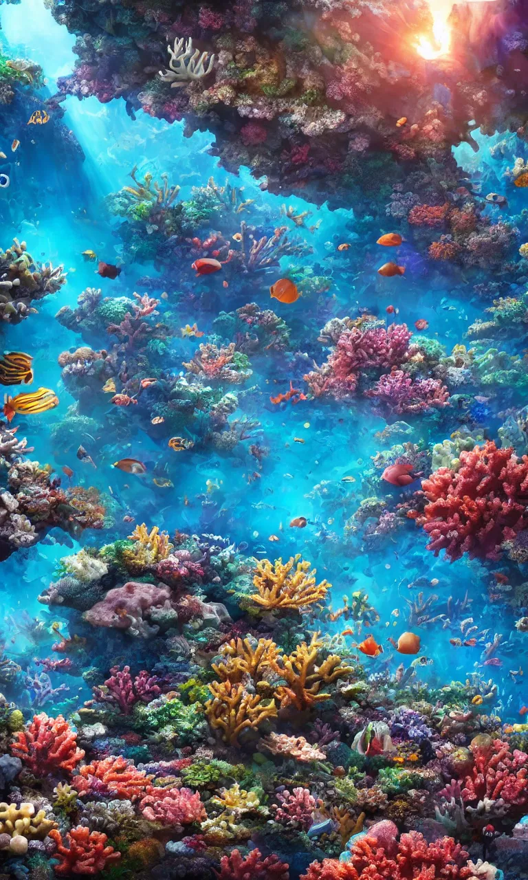 Image similar to a beautiful coral reef full of life and rays of light from the surface, trending on artstation, highly detailed, intricate detail, photorealistic, lifelike, realism, 8 k resolution, volumetric lighting, global illumination, specular highlights